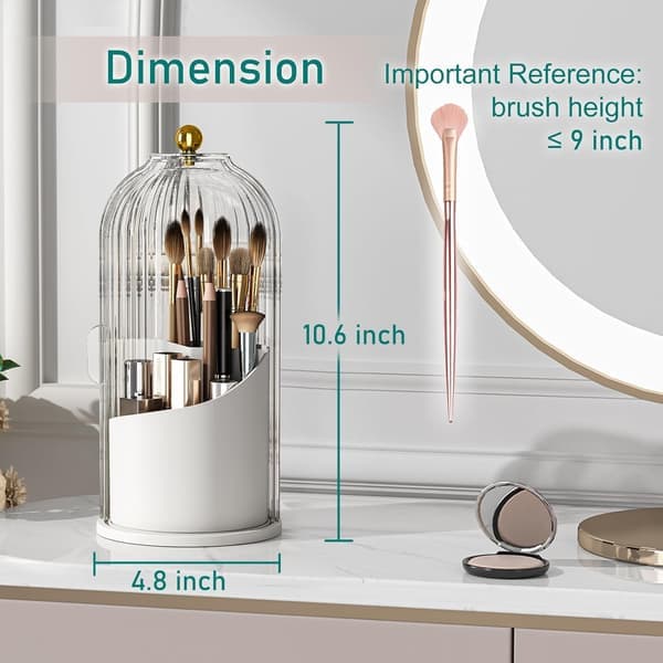 Makeup Brush Holder with Lid Cosmetic Tools Organizer 360 Rotating Waterproof Dustproof Beauty Brush Storage for Dressing Table Transparent