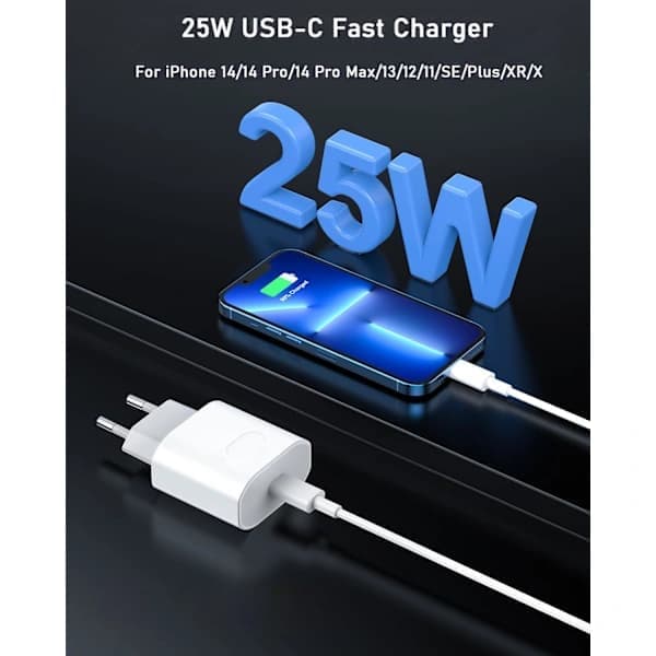 25W hurtiglader for iPhone 14 13 12 11 Pro Max Plus SE Mini Xr X XS USB C 2m hurtigladekabel strømadapter