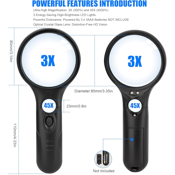 3 LED-upplyst förstoringsglas, 3X 45X förstoringsglas - 75mm läsglas med ljus för läsning, inspektion, hobby, urmakare, mynt, smycken (svart)
