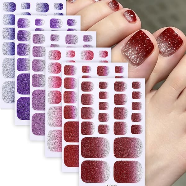 12 Sheets, 138 Pieces Gradient Glitter Toenail Stickers - Self-Adhesive Toenail Decals Combining Solid Colors and Glitter.