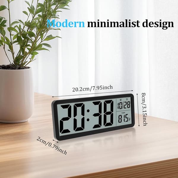 Silent Digital Wall Clock with Date/Time/Temperature Large Display Versatile Battery/USB Powered 8 Inch Large LCD Screen Clock with 12/24H Mounted
