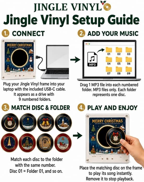 Christmas Vinyl Player Fridge Record NFC Magnetic Music Box Set Mini Jingle Magnets, Refrigerator Custom Storage, Personalized Retro, 9 Programmable Parts