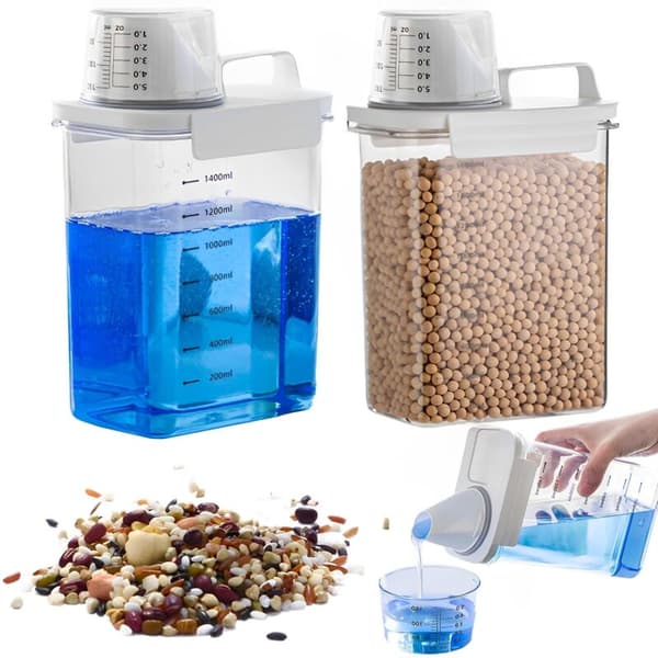 Sæt med 2 vaskemiddelbeholdere. 1800 ml vaskemiddeldispenser med målebæger. Vaskemiddeldispenser. Vaskemiddelbeholder.