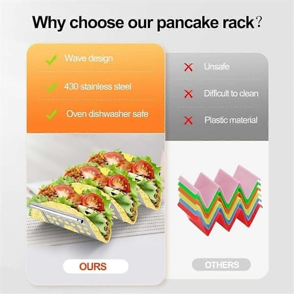 Taco Rack, 4-pak rustfrit stålstativ med håndtag, Taco-bakke rummer op til 3 tacos, Taco-stativ