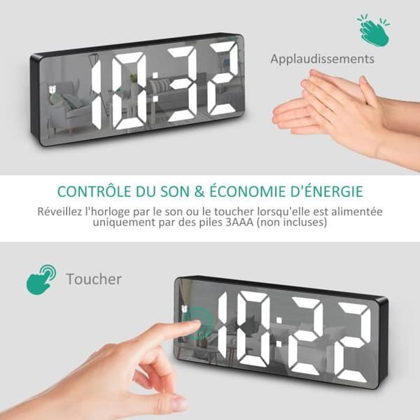 Digital Alarm Clock, LED Alarm Clock with Snooze Function, Adjustable Brightness, with Daylight Mode (LED Mirror)