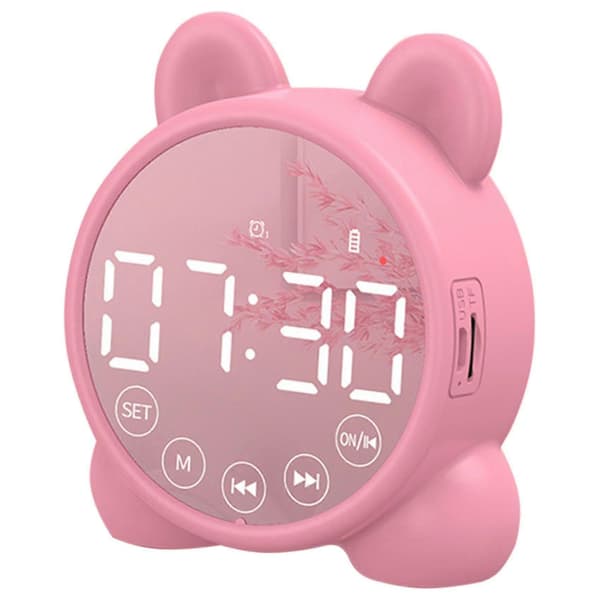 Barnevekkerklokke Bluetooth-høyttaler Nattbordsvekkerklokke, Speil Digital Timer, Barn Søvntrener Rosa