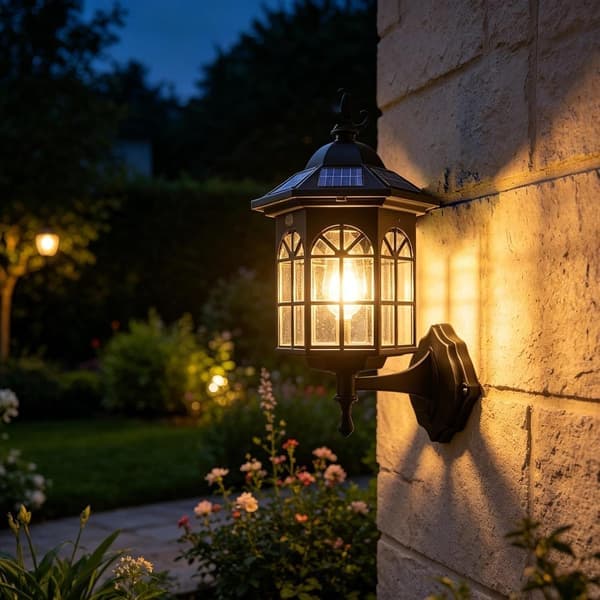Udendørs solcellevæglampe, rustik lanterne vægmonteret lampe, retro udendørs pæreholder, skumringssensor til veranda havefællesskab