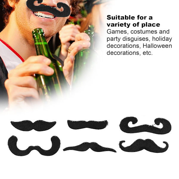 6 st falska svarta mustascher för festlig cosplay, konstgjort skägg för Halloween-fest