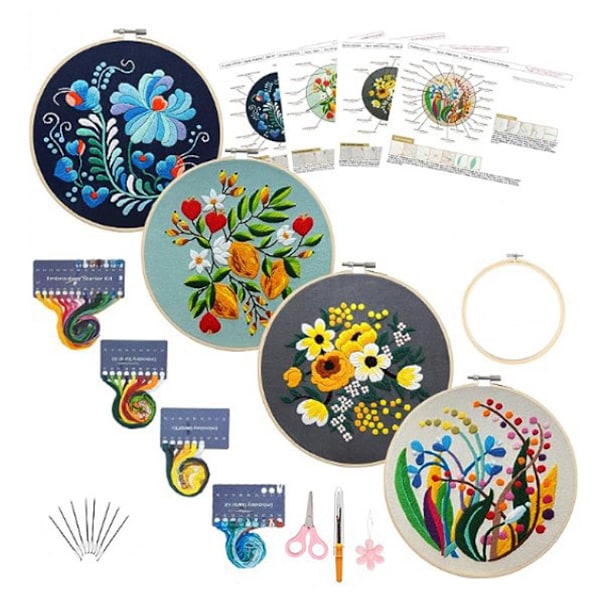 4-pack broderikit för nybörjare med mönster, stämplade korsstygnskit för vuxna med broderiram och instruktioner, handbroderikit