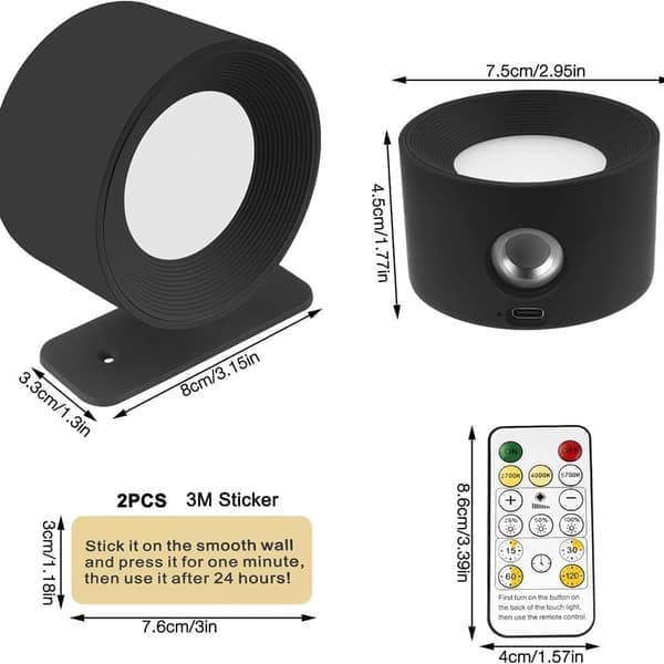 Swedish Wall Lamp Wireless Wall Sconce with Remote Control 3 Color Temperatures Adjustable Brightness Magnetic 360° Rotating Lampshade