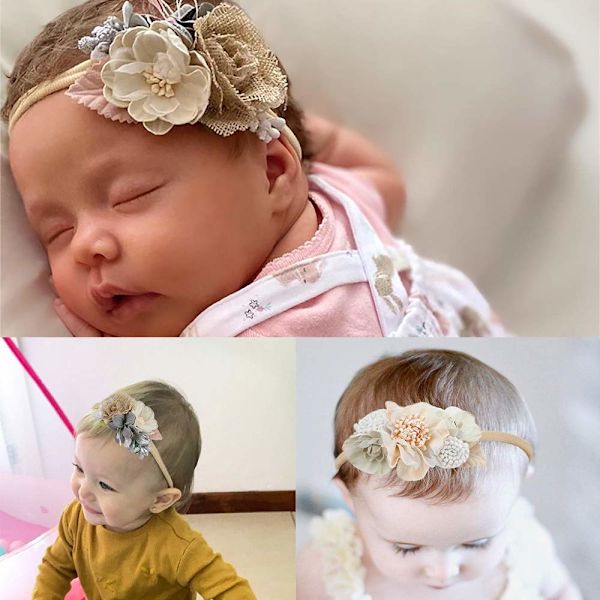 Baby Girl Flower Nylon Hårband-Elastiskt Hårband Handgjord Rosett För Nyfödd Spädbarn Småbarn 3-Pack (Multi-Style)