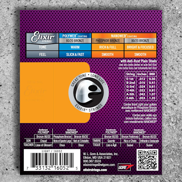 Elixir Acoustic Guitar Strings Nanoweb Phosphor Bronze Light 16052