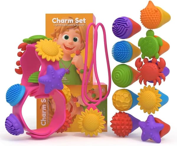 Fidgetlegetøj til børn, sensorisk, bærbart halskæde, armbånd og fidget spinner-ring med 15 charms til smertelindring, fidgetlegetøj til børn med autisme