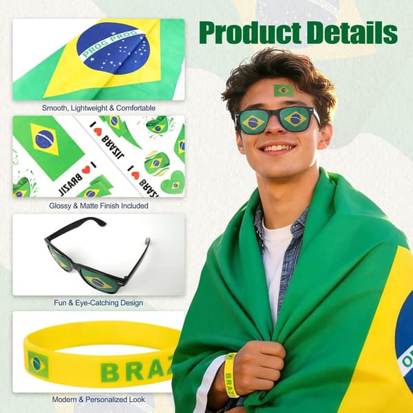 VM 2026 Fodbold Fan Support Kit 11 dele, VM Merchandise til Fans Tilbehør, Flag, Halstørklæde, Briller, Jubelpinde, Klapper & Kampprogram Plakat (Braz