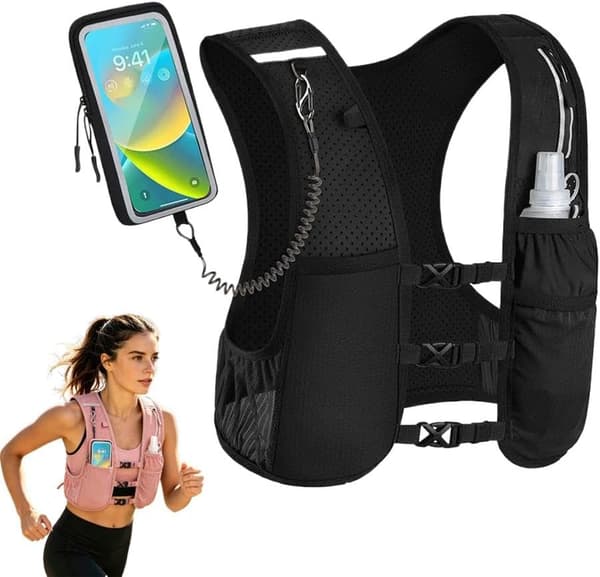 Unisex Running Vest, Adjustable Chest Straps, Hydration Backpack with 500ml Soft Flask - Lightweight Reflective for Marathon, Touchscreen-Friendly Phone Pocket black