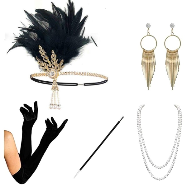 1920-tals set Klaffhuvudband, örhängen, pärlhalsband, handskar, armband