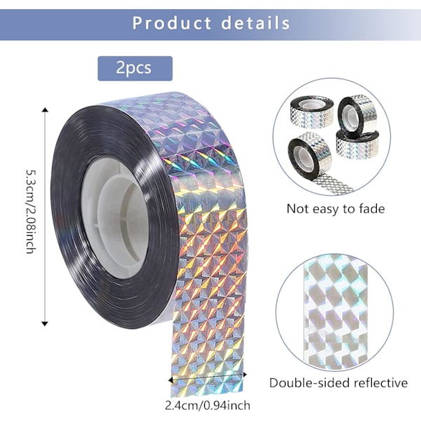 Reflekterande fågelavskräckande tejp, 2 rullar anti-fågeltejp, fågelduvskräckande tejp, för att skydda balkonger och träd, avvisa fåglar (2,4 cm)