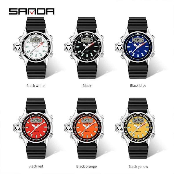 SANDA Sport Män Quartz Digital Watch Creative Dyk Watches Herr Vattentät Alarm Watch Dual Display Klocka Relogio Masculino Black white Black white