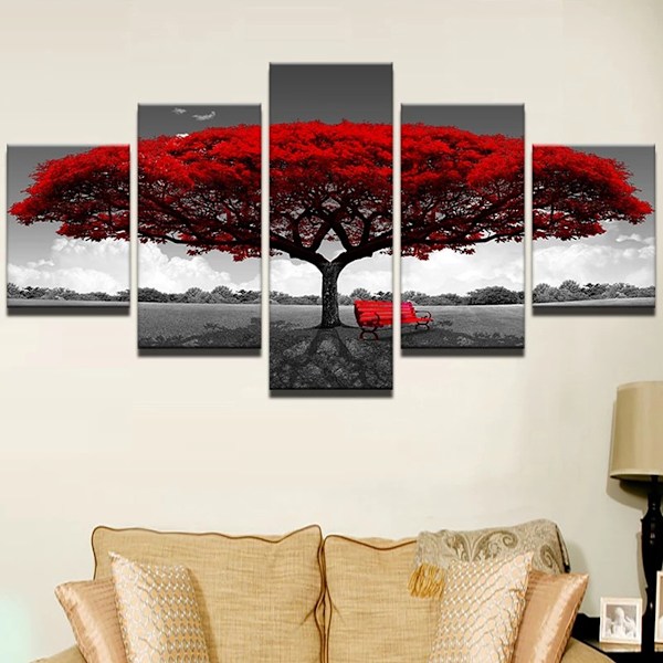 5 st / set Moderne Toile Peinture Décor Rouge Arbre Art Toile Peinture à L'huile Image Imprimer Sans Cadre Sasicare