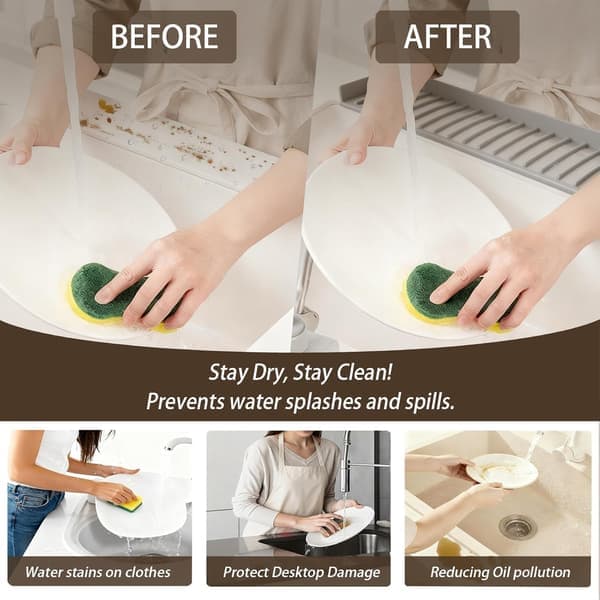 Silicone Sink Splash Guard 10x76 cm with Suction Cups – Grey Splash Protector for Kitchen, Bathroom, Granite and Quartz Countertops