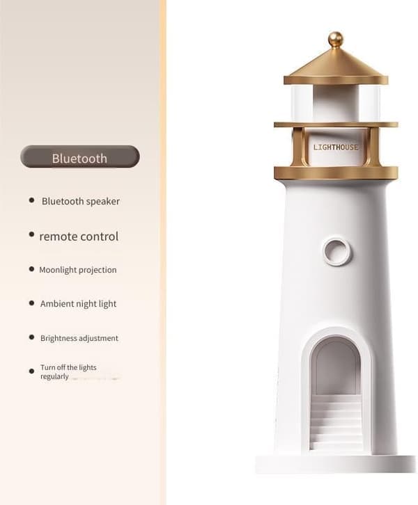 Moonlight Lighthouse Night Light with Bluetooth Speaker Remote Control LED Mood Light and Moon Projection 242mm High.