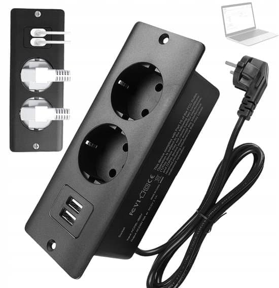 4-in-1 Power Outlet - Black - 2 Power Outlets 2 USB A Ports - 1.5m Cable - Durable and with Multiple Safety Features - Hidden Mounting Design