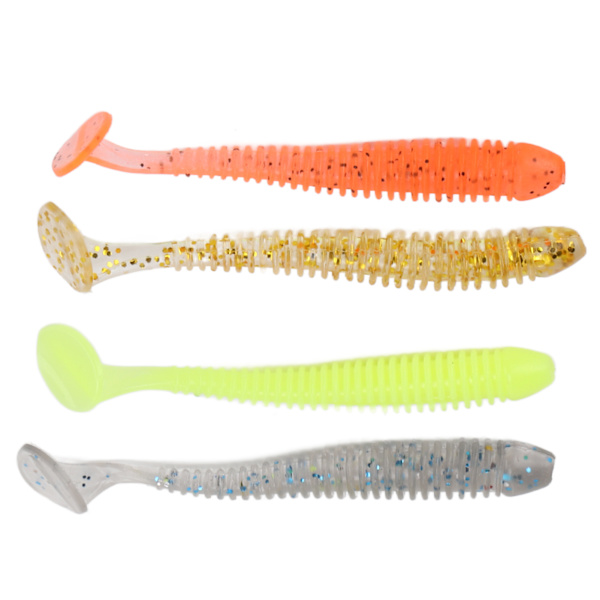 60 st/låda Mjukt bete fiskedrag kit med rostfritt stål vev krokar artificiell T svans PVC mjukt bete drag för basfiske 5cm