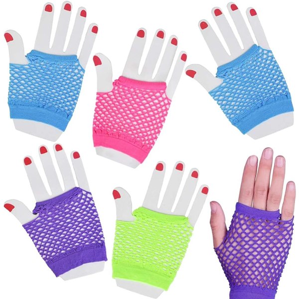 12 par Neon fingerlösa näthandskar för kvinnor och flickor Punk handledshandske, korta mesh fingerlösa (blå, rosa, grön och lila)