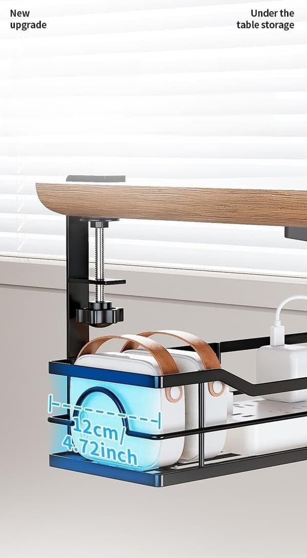 Under-Desk Storage Shelf with Hanging Rack - Drill-Free Carbon Steel Organizer for Office and Kitchen, Space-Saving and Portable
