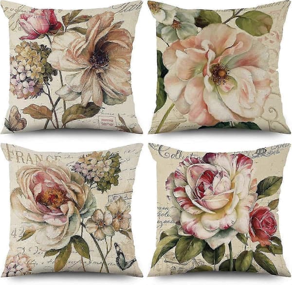 sett med 4 vintage rosemønstrede beige sofaputer, laget av vaskbart polyester-linstoff - ya01 (Fww)