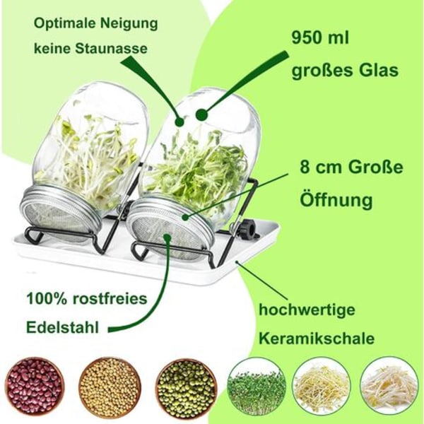 Groningsburkar, 950ML Glass Sprouter med, Groningsfrö Sprouter, 2 rutnät, 2 hållare, 1 groningsskål, Groningsburk för broccoli, vattenselleri,
