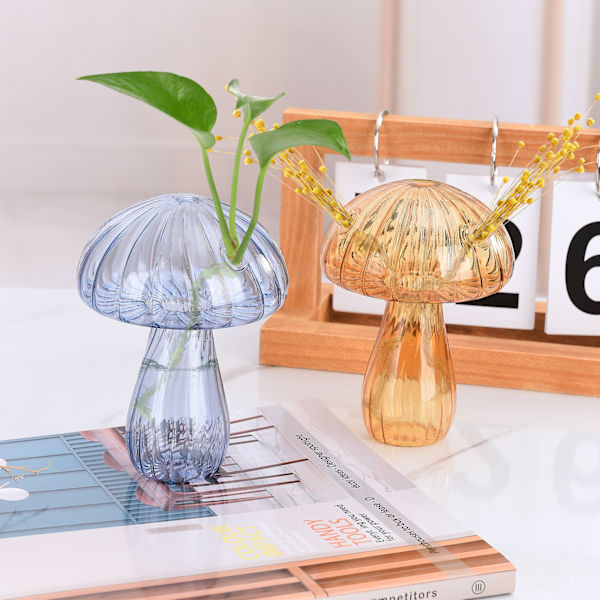 Gul genomskinlig svampformad blomvas, glasvas för blommor transparenta växtbehållare blomsterarrangemang