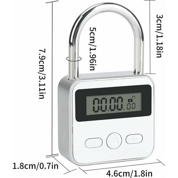 Smartlås, Brynnl maks. 99t, LCD-skærm, USB-genopladelig, robust metaltimer, etiket