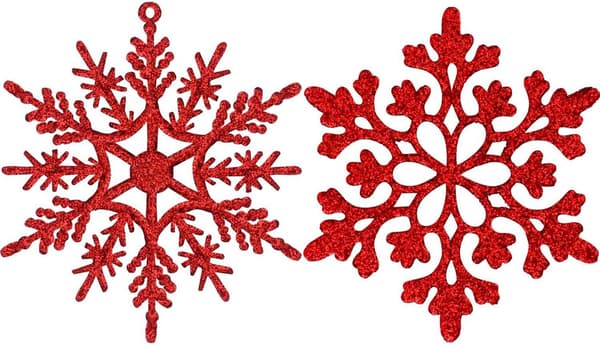 Plast juletræspynt med glitter, snefnug, 10 cm, 36-dele sæt Red