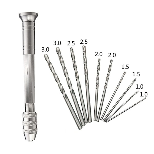 Handborr med 10 borrar från 0.8-3mm till hobby, pyssel, smycken