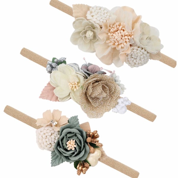 Baby Girl Flower Nylon Hårband-Elastiskt Hårband Handgjord Rosett För Nyfödd Spädbarn Småbarn 3-Pack (Multi-Style)