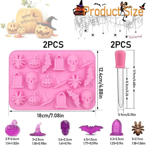 Silicone mold, 2-pack, chocolate molds, 3D Halloween chocolate candy, rubber mold, skull, pumpkin, bat, ghost, witch hat, spider, tombstone, shapes