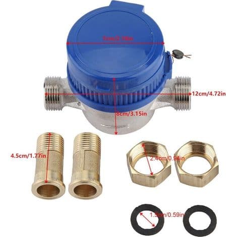 Copper Mechanical Water Meter 1.5 m³/h – Temperature Range 0-40 °C – Compatible with 15mm Pipes – 1/2 Inch Flow Meter