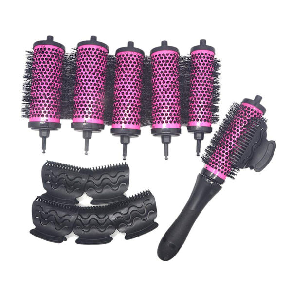 Enkelhandtag Sex-huvud Fluffy Rolling Comb, Luftstyrd Päronblomma Inre Spänne Rak och Curling Comb, med Klämma