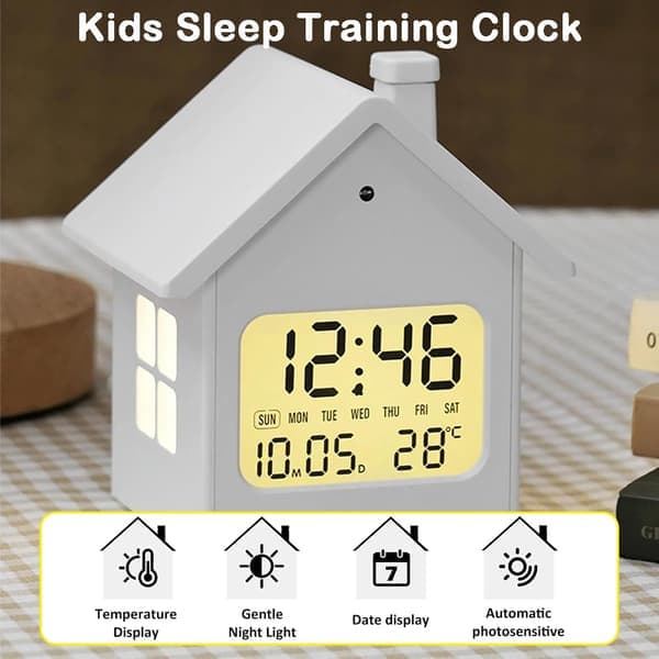 Digital Alarm Clock for Kids with Night Light - Cute House Shaped Silent Bedroom Clock, LCD Display with Temperature, Battery Operated