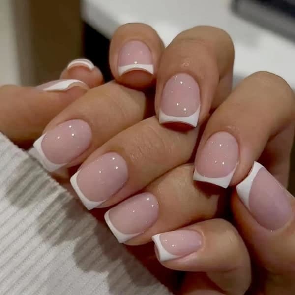 French Tip Press-On Nails Short Square Fake Nails Pink Stick-On Nails White Opaque Reusable Glossy Acrylic Artificial Nails