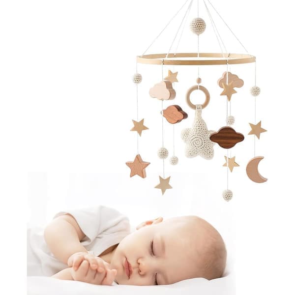Babysengmobil - med skyer, måne, stjerner - håndlavet trækrog - egnet til babyseng, børneværelsesindretning - egnet til drenge eller piger