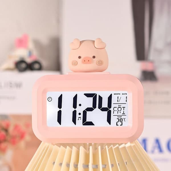 Söt rosa gris LED väckarklocka med kalender och temperaturvisning