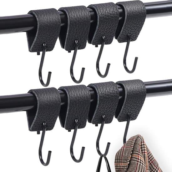 S-Hooks (Set of 8) - Black Hanging Hooks Clothes Hooks with Leather Loop - For Clothes Hangers Clothes Rails Kitchen and Bathroom