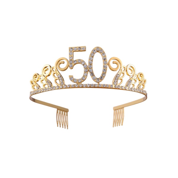 50-årsdag guld Rhinestone Tiara Set, 50 år gamla födelsedagspresenter för 50-års festdekorationer för kvinnor