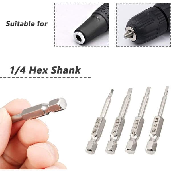 5-delad uppsättning triangulära skruvmejselbits 1.8/2/2.3/2.7/3 mm Magnetiska triangulära skruvmejselbits 1/4 \" sexkantsskaft triangulära borr S2 50