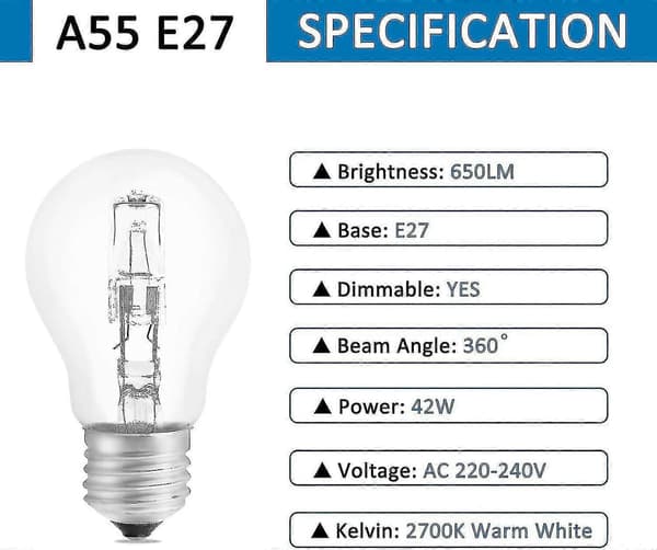 Förpackning med 5 dimbara halogenlampor E27 A55 42W, 2700K varmvit, 650lm, AC220-240V