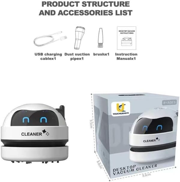 Diamanttilbehør og -værktøj, inklusive en bordstøvsuger, et mini-snapper-sæt (med USB-oplader), børster og rør.