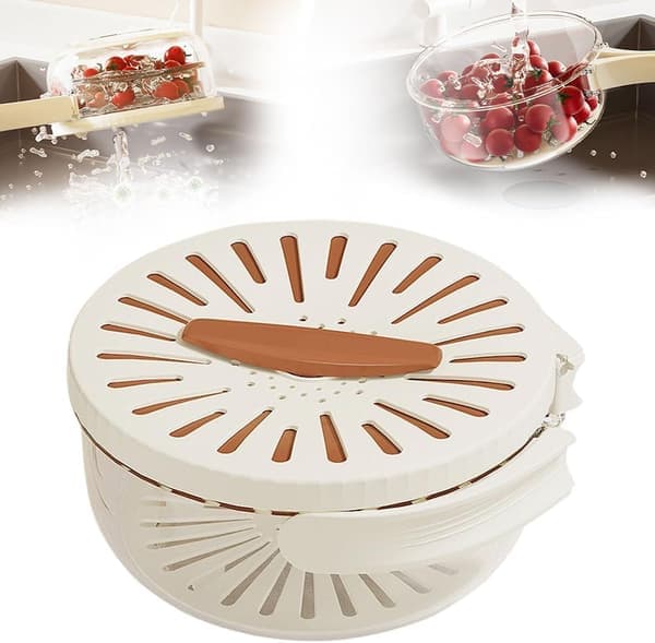 Brown 2-in-1 Fruit Washer & Colander Basket with Lid - 2026 Foldable Handle Drain Container & Refrigerator Storage Box
