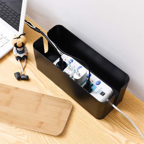 Cable Management Box/Storage Box with Bamboo Lid, Large Cable Organizer and Holder for Use with Desks, TVs, Computers, and USB Hubs.